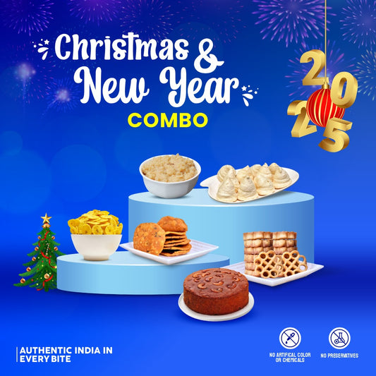 Christmas & New Year Special Combo - Homemade Plum Cake, Tuticorin Macaroons, Achu Muruku/Achappam, Salem Thattai, Coconut Oil Kerala Banana Chips, Srivi Palkova