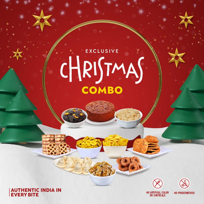 Exclusive Christmas Combo - Kerala Home Made Plum Cake, Nellai Karupattai Alwa, Tuticorin Cashew Macaroons, Nagercoil Spicy Nendran Chips, Coconut Oil Palakkad Nendran Chips, Kovilpatti Kadalai Mittai, Srirangam Adirasam, Salem Thattai