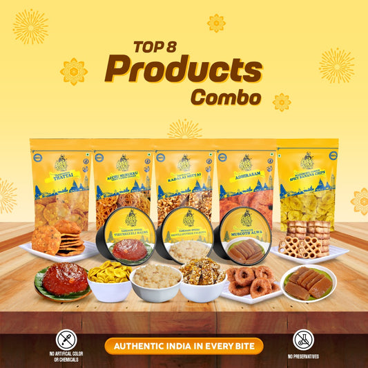 Bestselling 8 Combo (1.1 Kg) - Salem Thattai, Achu Muruku, Srivi Palkova, Tirunelveli Alwa, Srirangam Adirasam, Mudalur Coconut Milk Muscoth Alwa, Kovilpatti Kadalai Mittai & Nagercoil Chips